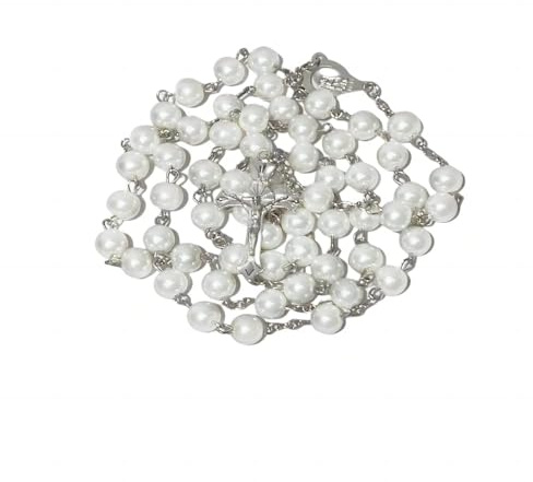 ONRAGT Rosario Hombre Mujer, Rosarios de Comunion Niño Niña, Recuerdos Bautizo Collar de Rosario para Familiares, Amigos, Niños Perfecto Regalo (Blanco)