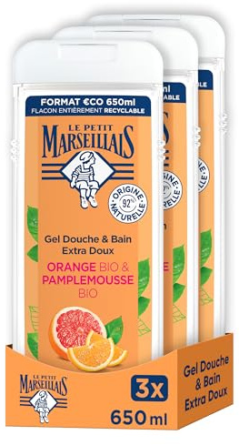 Le Petit Marseillais – Gel Douche & Bain Extra Doux Orange Bio & Pamplemousse Bio (lot de 3 flacons de 650 ml) – 92% d'ingrédients d'origine naturelle – pH neutre pour la peau et sans colorant