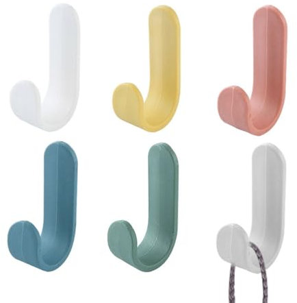 Confezione da 6 ganci autoadesivi a forma di J, ganci in plastica, ganci autoadesivi senza foratura necessaria per bagno, camera da letto, cucina ganci adesivi (colore)