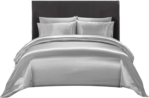 Opulence Bedding 3-Piece Hotel Quality Luxurious Duvet Cover Ultra Soft Silky Satin with 2 Pillowcases(Full Size, Silver Grey)