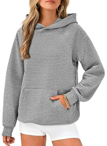 GRMLRPT Huvtröja för kvinnor, huvtröja, ledig tröja med fickor, dragsko, sweatshirt, enfärgad, långärmad skjorta, lediga toppar (flerfärgad, S–XXL), GRÅ, M