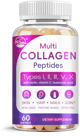 Multi Collagen Peptides Softgel - Type I, II, III, V, X - Hydrolyzed Collagen Peptides with Biotin, Vitamin C, Hyaluronic Acid, Supports Skin Hair Nail, Grass-Fed, Non-GMO, 60 Softgel, 1 Pack