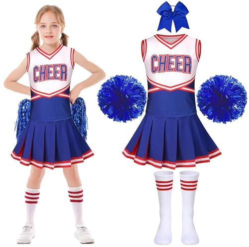 PIXUYE Déguisement Pompom Girl Uniforme de Cheerleader Girl Fille avec Pom Poms Chaussettes Deguisement Cheerleader pour Halloween Carnaval Mascarade,Cyan-110