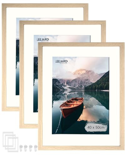 LEEJARD 3er Bilderrahmen 40x50cm, Oak Holz Fotorahmen Holzrahmen Mit Bruchsicherem Plexi-Glas Zum Senkrechten Oder Waagerechten, Portraitrahmen Mit Nahtloser Haken für Wandbehänge