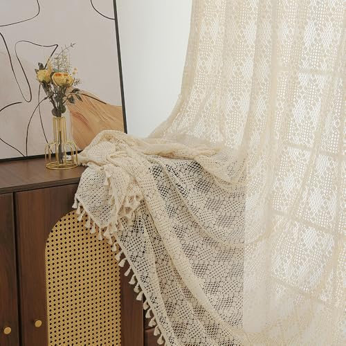 RUIXUAN Gardinen Vorhänge mit Kräuselband beige Gardine mit Quaste Boho Vorhang Häkeln Stricken kräuselband Wohnzimmer Modern Voile Schienensystem Schlafzimmer Curtains 2er Set 150 * 230cm