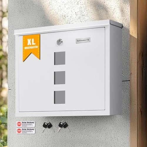 Zedelmaier XL Briefkasten Weiß Personalisiert Postkasten mit Schloss | Letter Box passend für C4 Umschläge| Wandbriefkasten mit Namensschild Sichtfenster| Schloss Mailbox inkl. 4 Schlüsseln