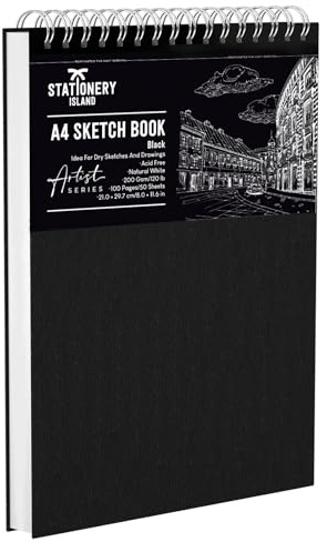 STATIONERY ISLAND Skizzenbuch A5 200 g/m² Zeichenblock 100 Seiten (50 Blatt) Spiralgebundenes Skizzenblock Zeichenpapier Zeichnungen, Skizzen für Künstler und Profis