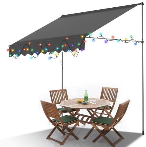 Ollewiellan Klemmmarkise 300cm Grau mit Handkurbel, 2 in 1 Balkonmarkise Markise ohne Bohren mit 5M Bunt Solar Lichterkette, UV-beständig & höhenverstellbar, Sonnenschutz wasserdicht