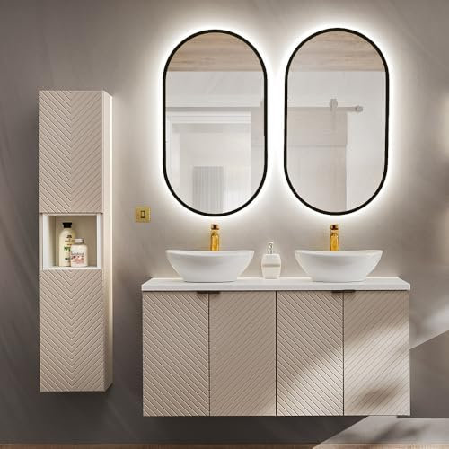Lomadox Badezimmer Badmöbel Set 4-teilig in Kaschmir und weiß mit 120 cm Doppelwaschtisch mit Keramikwaschbecken, 2 LED-Spiegel, Hochschrank, gerillte Front, wandhängend