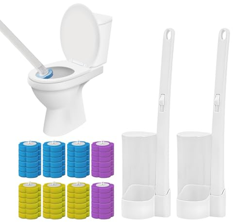 2 Pcs Toilet Cleaner Brush and 48 Pcs Disposable Head, Disposable Toilet Brush with Cleaning Liquid, Wall Mounted Cleaning Wand System for Toilet, Wash Basin, Bathtub (Lemon + Lavender + Ocean Scent)