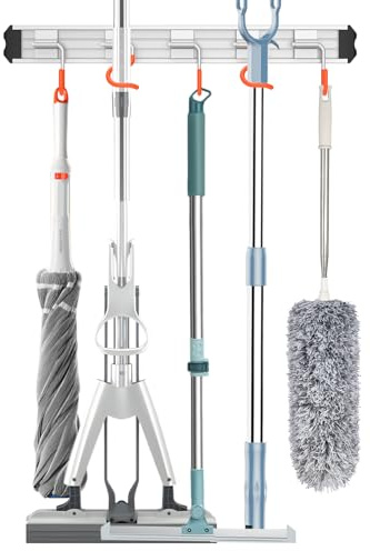 QcoQce Besenhalterung Wand, Gartengerätehalter, Moderner Stil, Besenhalter aus Aluminium mit Abnehmbarem Haken, 1er-Pack, Aufbewahrungsgeschenk für Badezimmer,Küche,Schrank,Garten,Garage (Orange)