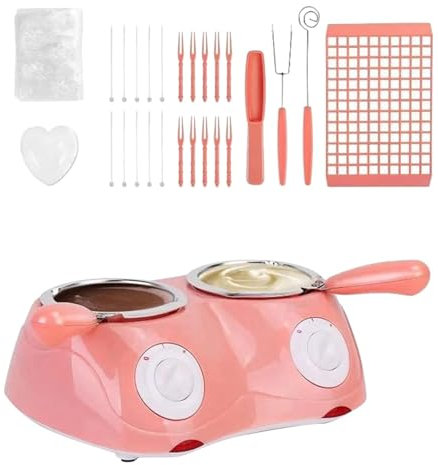 Melting Chocolate Pot, Double Pots Electric Chocolate Mini Fondue Set, Dipping Pot with DIY Mold Trays & Forks, Chocolate Marshmallow Warming Machine for Candy Cheese Home (EU Standard-Pink)