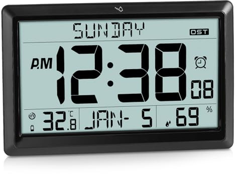 SZELAM Orologio atomico, grande display da 26,5 cm, orologio digitale da parete a batteria, calendario digitale con impostazione automatica, orologio da scrivania con temperatura interna, umidità