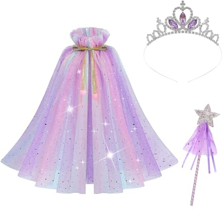 Cape princesse fille, violet cape princesse déguisement fille paillettes scintillantes cape de princesse baguette magique princesse Tiara costume d'Halloween pour les filles de 7 à 10 ans (Violet)