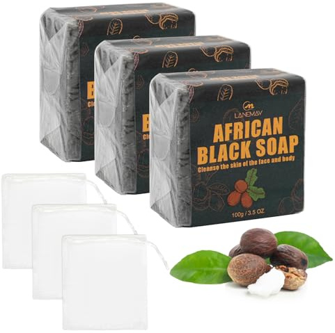 3 Packs African Black Soap, Black African Soap for Face Body Hand | Black Soaps with Foaming Nets for Men Women Deep Cleansing, Moisturizing and Nourishing (3, Black)