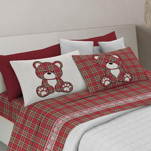 PENSIERI DELICATI Completo Letto Matrimoniale, 100% Cotone Caldo e Morbido, 2 Piazze 180x200cm, Include Lenzuolo sotto, sopra e 2 Federe, Made in Italy, Tartan Orsetto Rosso