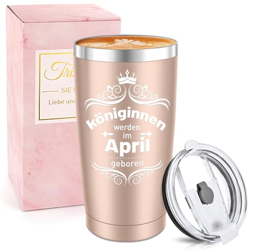 Miofula Geburtstagsgeschenk für Frauen, 20oz Travel Mug Lustig Geschenke für Mama, Freundin, Tochter, Schwester, 600ml Edelstahl Thermobecher, Kaffeebecher-Königinnen Werden im April Geboren