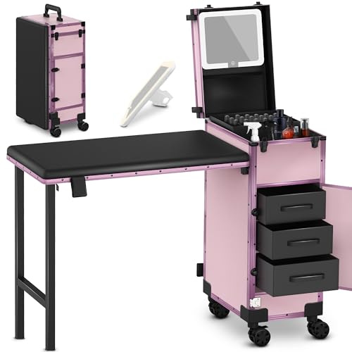 EASYINBEAUTY Rolling Portable Manicure Table with 3 Storage Drawers & Mirror, Lockable Makeup Train Case with Foldable Nail Desk- Cosmetic Travel Case for Mobile Nail Tech & Beauty Salon (Pink)