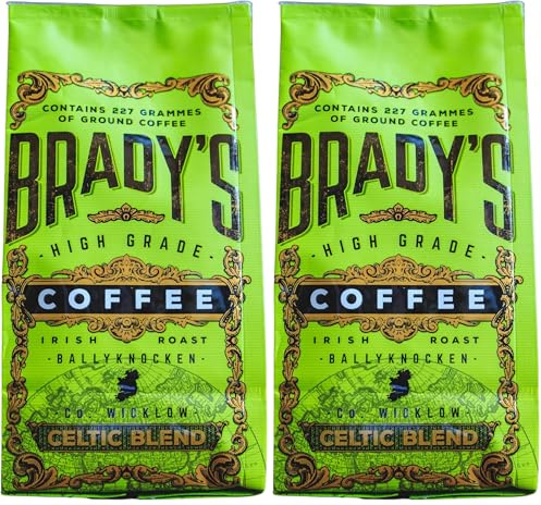 Brady’s Celtic Blend Dark Roast Ground Coffee for Cafetiere, Pour Over or Drip Filter - 100% Arabica Brazilian and Colombian Coffee Beans with Notes of Dark Chocolate, Nuts, and Caramel, 227g Bag