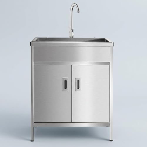 Edelstahl Spültisch mit Unterschrank & Armatur 60x45x80cm, Freistehende Gartenküche Camping Outdoor Spüle, Gewerbe Gastro Spülbecken mit Stauraum für Garten, Garage & Werkstatt