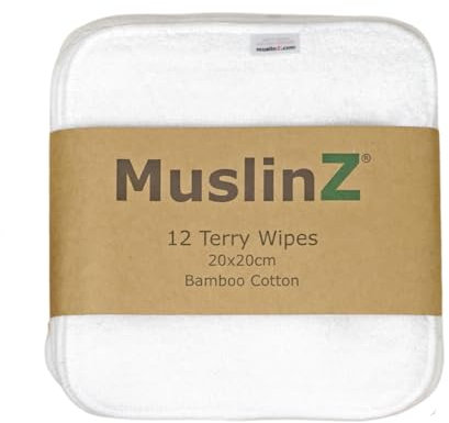MuslinZ 12PK Essuie Bambou Coton Terry Lingettes 20x20 cms Face Cloth Lavable lingettes réutilisables pour bébé (Blanc)