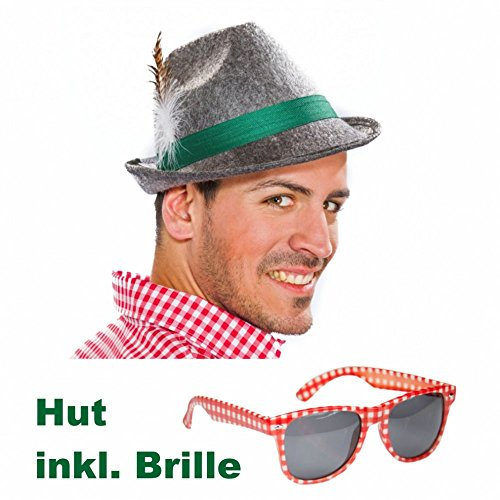 Krause & Sohn Oktoberfest Hut grau inkl. Brille rot-weiß kariert Trachtenhut Sonnenbrille