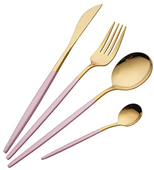 OUQIWEN 16 Pièces Ensemble de Couverts Or et Rose, Compris Couteau/fourchettes/cuillères/Cuillère à thé (Rose et Or) pour 4 personnes