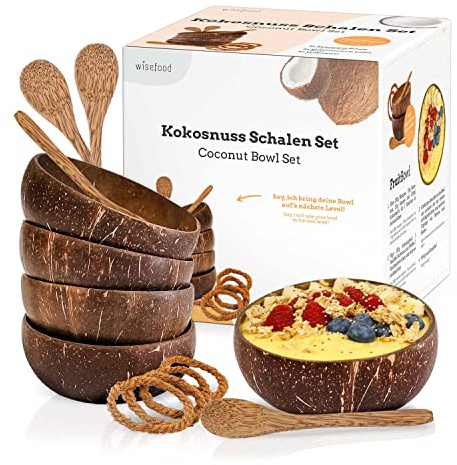 wisefood Cuenco de coco – Juego de 4 cuencos de coco – Cuenco de coco sostenible con cuatro cucharas – Ideal para smoothie o Buda Bowls – 100% natural y biodegradable