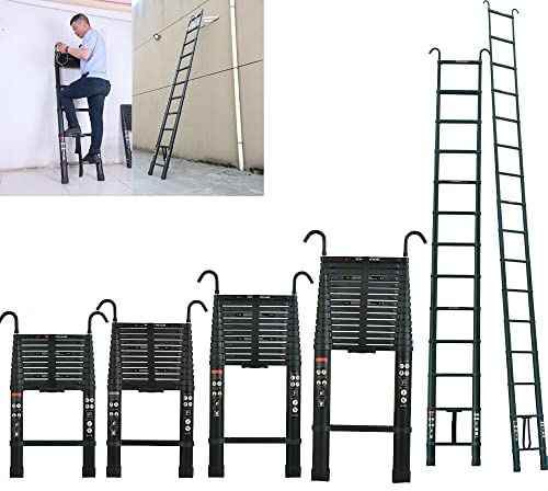 Teleskop Leiter 3,8m mit 2 Haken, Aluleiter Klappbar, Dachbodenleiter Teleskop-Design, Tragbare Ausziehbare Leiter Stufenleiter, Aus Hochwertigem Aluminium, 150kg Tragkraft
