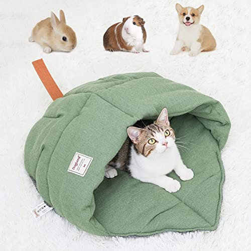 Katzenschlafsack Groß Blattform Bequem Katzennest mit Antirutsch Beschichtung, Katzen Kuschelhöhle für Welpen, Kaninchen, Katzenbett aus Leinen zu Jeder Jahreszeit Verfügbar (19,3×30,3,Grün)