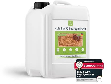eco:fy Holz und WPC Imprägnierung Imprägniermittel Versiegelung Holz Terrasse Möbel Zaun Tisch gegen Grünbelag und Einschmutzung Transparent Lösemittelfrei PFC-frei (5 l)