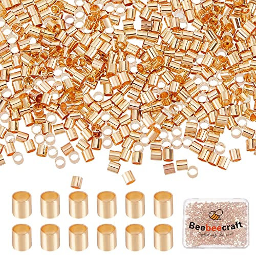 Beebeecraft 1 Box 1000 Stück Crimp-Röhren-Perlen, 18 Karat vergoldet, Abstandshalter, Kordel-Endkappen, 2 mm lose winzige Stopper-Perlen für Ohrringe, Halskette