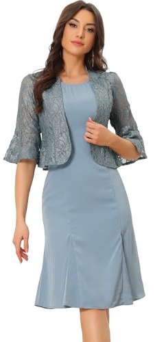 Allegra K Mujer 2 Piezas Chaqueta Encaje Manga Corta Vestido Madre Novia | Cárdigan con Dobladillo de Hoja de Loto Vestido Midi con Dobladillo de Pez Apto para Oficina y Fiestas