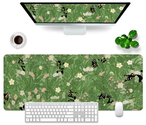 WYDUCVI Cat Mouse Mat XL Large Desk Mat Green 31.5x11.8x0.12 inch Cute Large Desk Pad Kawaii Mouse Pad (Cute cat -2)
