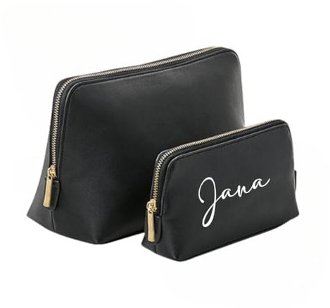 Kosmetiktasche mit Name - Personalisierte Schminktasche - Kosmetikbeutel mit Name - Geschenk Mama, Oma, Tante - Kosmetikaschen Set (Schwarz/Gold, Set | klein+groß)