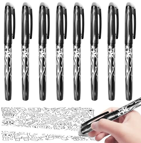 Eurtes raderbar kulspetspenna, 8 stycken svarta bläckpennor, set 0,5 mm gelpenna, påfyllningsbara raderbara pennor för kontorsmaterial skolmaterial