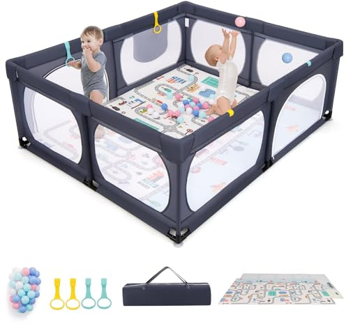 DREAMADE Laufstall Baby, 189 x 158 cm Laufgitter mit Matratze & 4 Zugringen & 50 Ocean Bällen & Tragetasche, Großes Schutzgitter für Baby & Kleinkinder 0-3 Jahren (mit Matratze,Dunkelgrau)