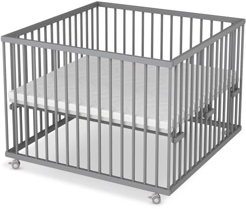 Sämann Laufstall Baby mit Matratze SleepPlus | TÜV geprüft | stufenlos höhenverstellbar | Laufgitter Premium | Babybett aus Holz | Krabbelgitter (grau, 100x100 cm)