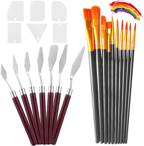 23 Stück Acrylmalerei Malwerkzeug Set, 6 Abstreifermesser, 7 Palettenmesser, 10 Nylonhaar Pinsel in Verschiedenen Größen für Ölgemälde, Gouache, Aquarell, Felsmalerei, Strukturpaste