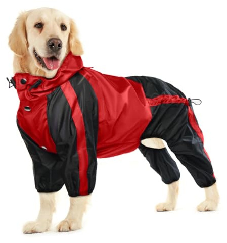 OUOBOB Dog Raincoat, Waterproof Dog Rain Coats for Large Dogs, Lightweight Rain Jacket, Adjustable 4 Legs Pet Poncho with Hood, Snow-Proof Dog Vest Rainwear, Rain Clothes Apparel with Leash Hole, Red