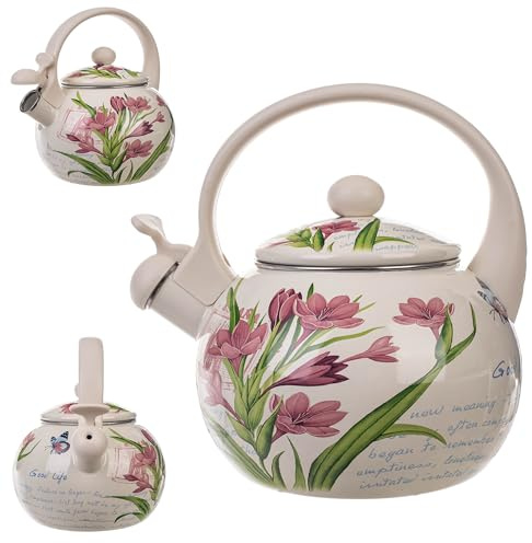 KADAX Hervidor de Agua 2.2L, Tetera de Acero Esmaltado con Silbato para Cocina de Gas y Inducción, Ideal para Té, Café y Bebidas Calientes (Flores rosas)