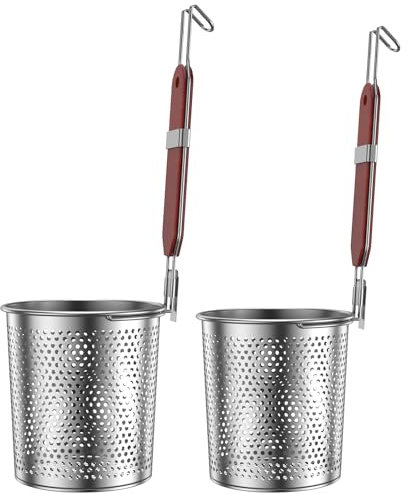 Lot de 2 paniers à pâtes en acier inoxydable avec poignée en bois - 2 tailles - Passoire à pâtes à suspendre - Passe au lave-vaisselle - Passoire à nouilles - Écumoire pour pâtes, nouilles, raviolis