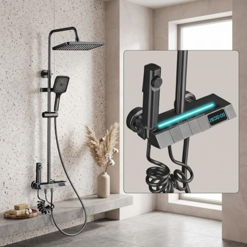CALISTOUK Columna de Ducha con Rociador Superior/Ducha de Mano ABS, 4 Modos Columna Ducha Columna de Baño Multifuncional Altura Ajustable 85-105cm