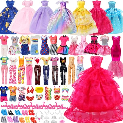 78 pcs Ropa y Accesorios para Muñecas, Incluir Vestidos de Fiesta, Vestidos, Tops y Pantalones, Bikini, Coronas, Collares,Pares de Zapatos,Perchas para 30 CM/11.5 Pulgadas Muñecas, Regalos para Niñas