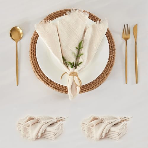 WAITER TREE Cloth Napkins 12pcs Beige Soft Pure Cotton with Fringed Breathable Square 48 x 48 cm Rustic Handcrafted Napkins for Dinners Parties Weddings