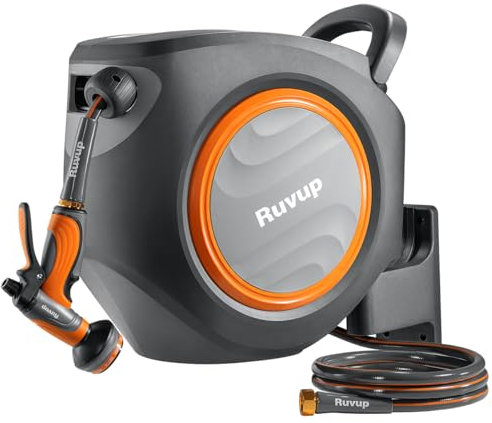 Ruvup Retractable Garden Hose Reel,1/2in x 150ft Water Hose Reel with Metal Bracket, UV Resistant Automatic Hose Reel Wall Mount for Outside, Slow Retraction Any Length Lock 10 Spray Nozzle