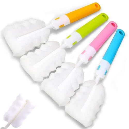 4 PCS Bottle Cleaning Brush Set - Long Handle Sponge & Nipple Brushes for Baby Bottles, Water Bottles & Narrow Containers - Durable Bottle Washer Kit