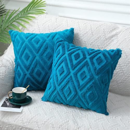 CJWLKJ 2Pcs Faux Fur Cushion Covers 18x18 - Soft Plush Decorative Throw Pillow Covers - Short Wool Velvet Couch Sofa Pillow Cases for Living Room - with 3D Diamond Pattern (Teal)