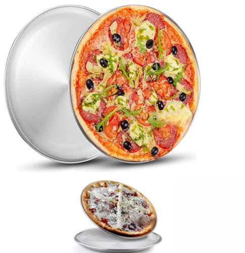 Vziokk 2 moldes para pizza de acero inoxidable, bandeja para hornear pizza saludable, bandeja para servir pizza, bandeja redonda para pastel de pizza para horno, hogar, cocina, restaurante, fácil de