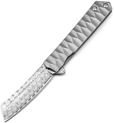 Klappmesser 8.1 Taschenmesser Titan Damast Geschmiedet Aus Damaszener Damaststahl, Outdoor Messer Survival Jagdmesser, Scharfes praktische messer, Damastmesser,tanto EDC Messer Neck Knife,clip,silber